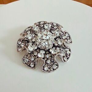 Vintage Rhinestone Statement Ruffle Edge Brooch Sparkle Silver Tone Clear Stones